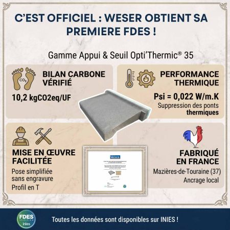 RE2020 : Weser publie sa première FDES pour l'appui et seuil isolé Opti'Thermic® 35 RE2020 : Weser publie sa première FDES pour l'appui et seuil isolé Opti'Thermic 35