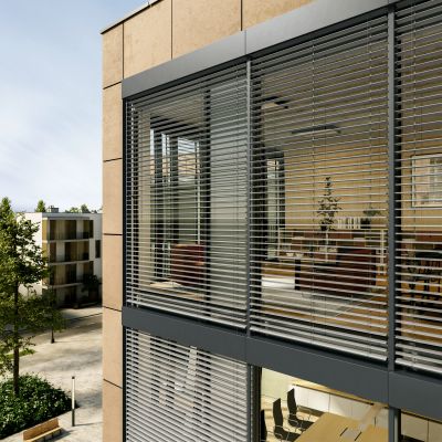 Protection solaire pour mur-rideau - Stores toile extérieurs et bso