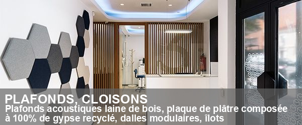 Plafonds, cloisons : plafonds acoustiques laine de bois, plaque de plâtre composée à 100% de gypse recyclé, dalles modulaires, îlots