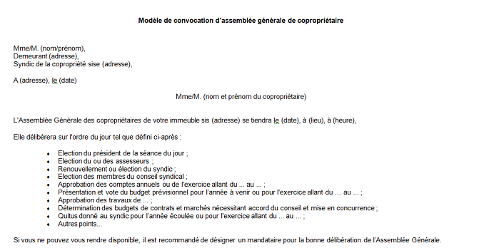Modèle de convocation d'assemblée générale de copropriétaire