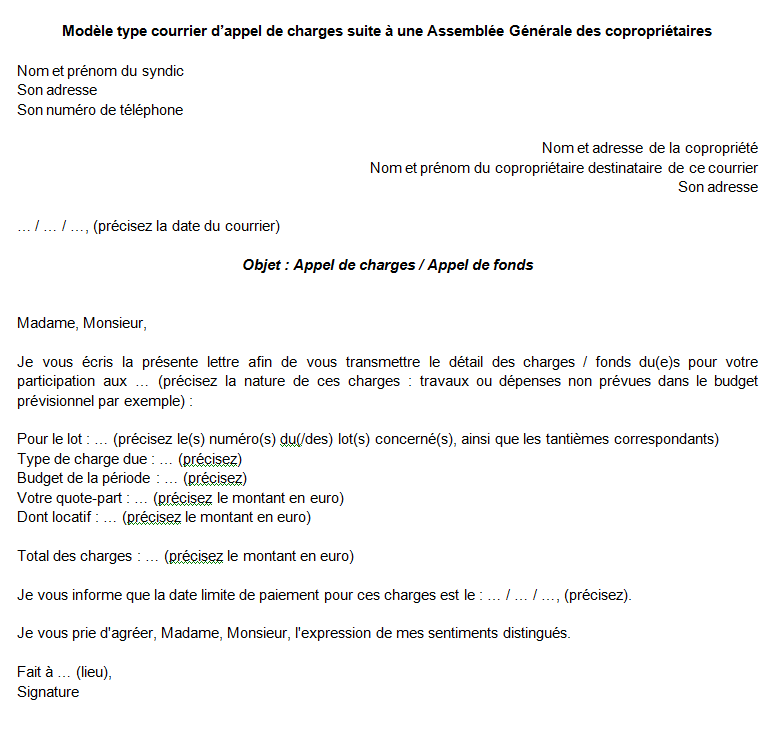 Modèle de courrier d'appel de charges de copropriété