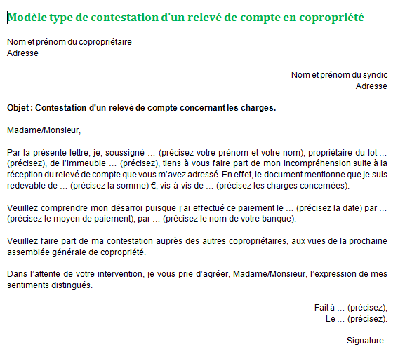 Contestation d'un relevé de compte en copropriété : modèle et explications