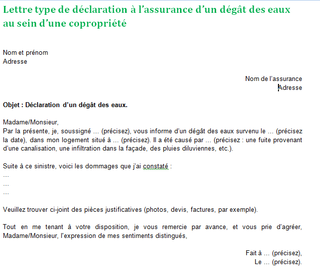 Déclaration à l'assurance d'un dégât des eaux au sein d'une copropriété : lettre et explication
