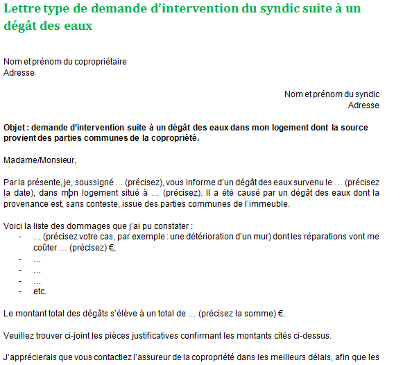 Demande d'intervention du syndic suite à un dégât des eaux : lettre type et explication