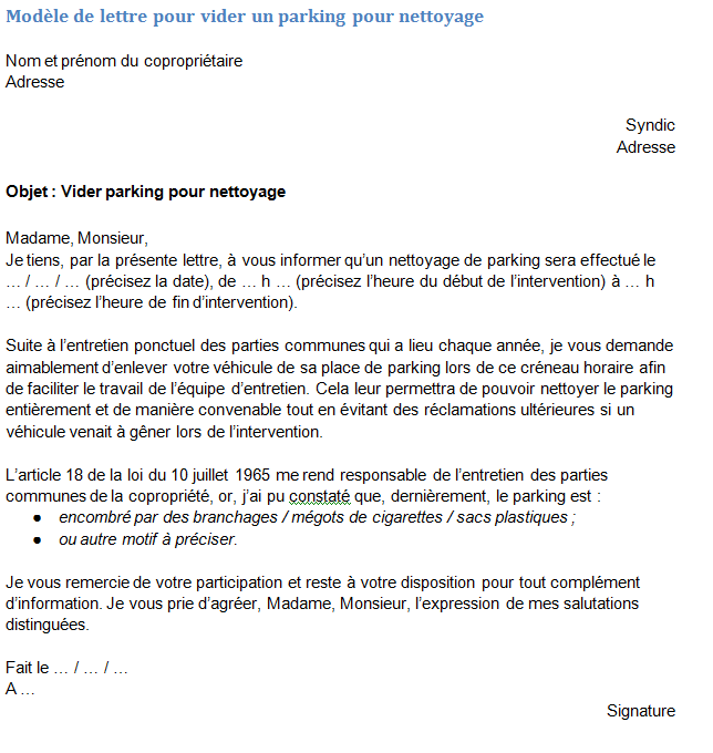 Modèle de lettre de demande de vider un parking pour nettoyage