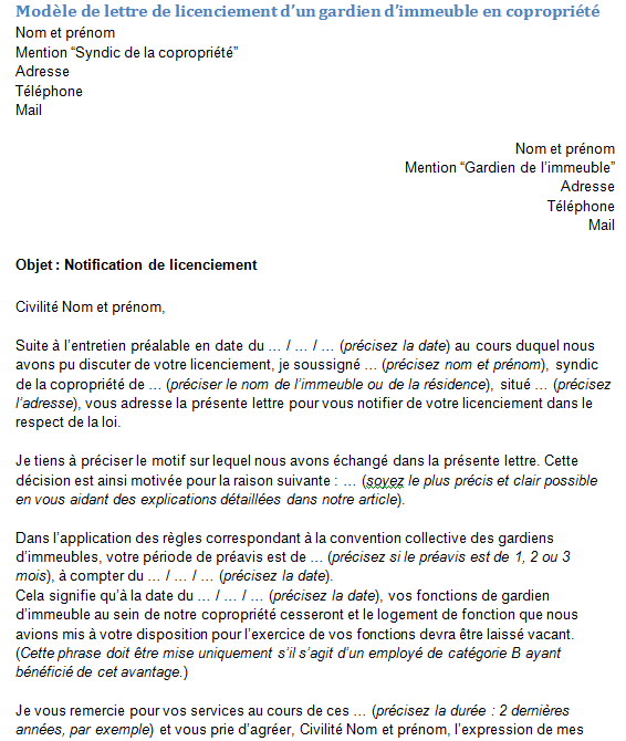 Modèle de lettre de licenciement d'un gardien