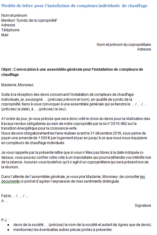 Modèle de convocation à une AG pour l'installation de compteurs de chauffage individuels