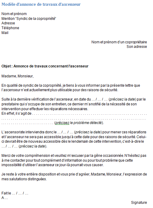 Modèle d'annonce de travaux d'ascenseur