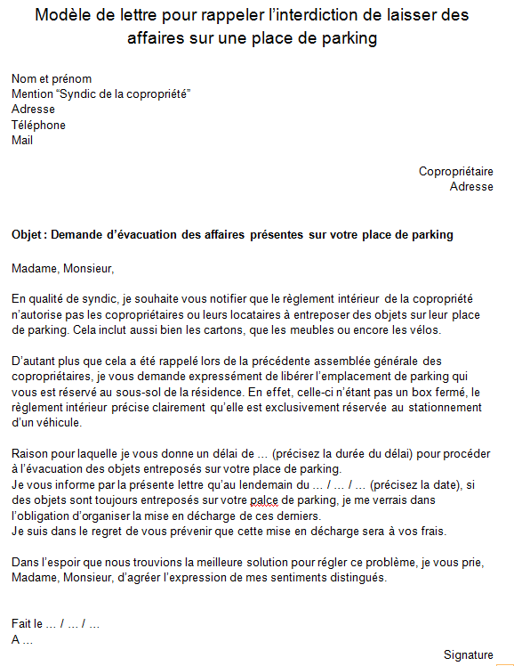 Modèle de lettre de rappel d'interdiction de laisser des affaires sur une place de parking