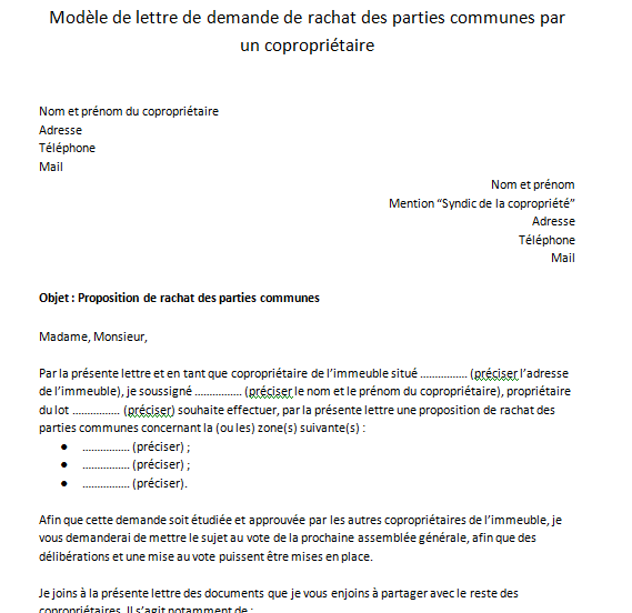 Lettre de demande de rachat de parties communes par un copropriétaire
