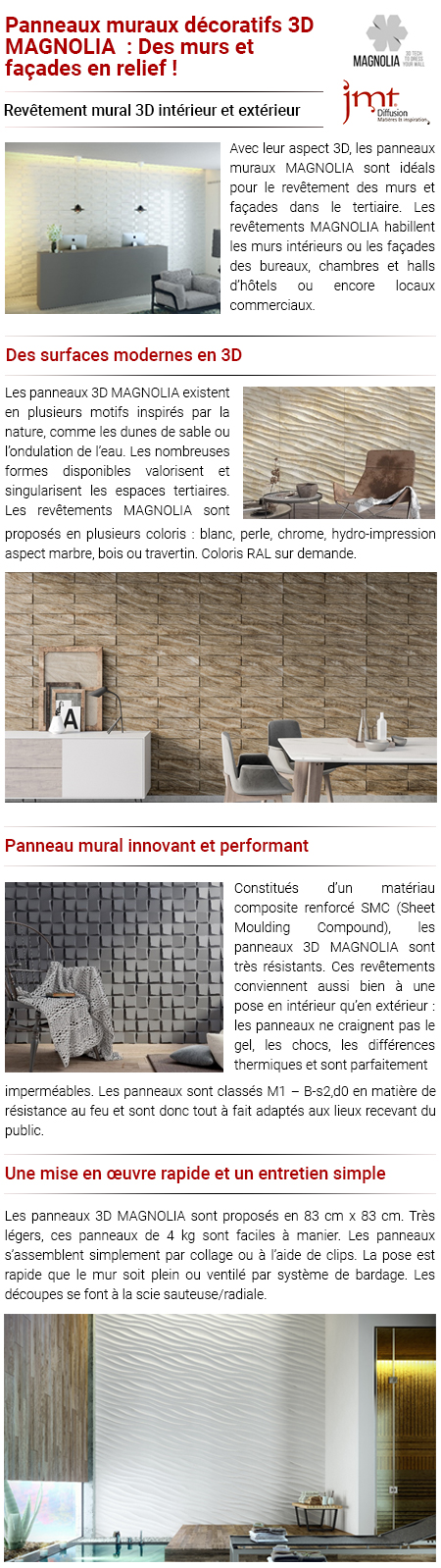 Panneaux MAGNOLIA : des revêtements muraux en 3D pour l'intérieur ou l'extérieur