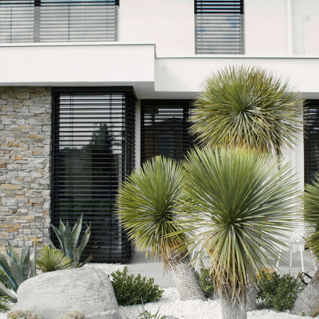 Protection solaire sophistiquée pour les châssis d'angle entièrement vitrés